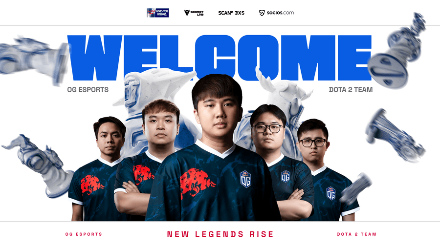 Welcome graphic for our SEA roster. White background, top center contains OG sponsor bar while bottom center reads New legends rise. Blue text that says Welcome below the partners bar with the five players immediately under.