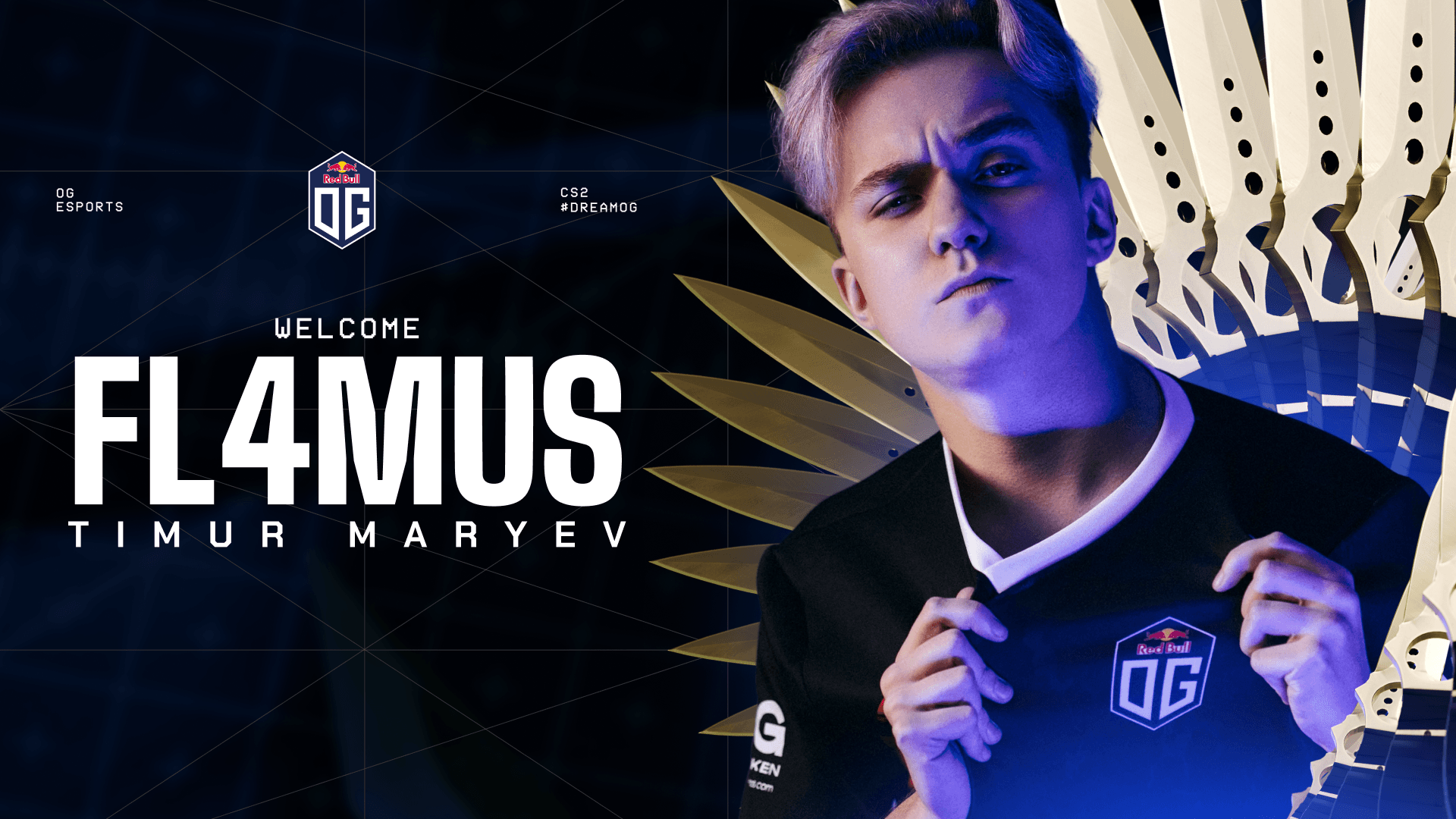 Welcome FL4MUS poster: Player photo to the right, we see the text Welcome FL4MUS and his name to the left. Above the Welcome text we see the OG logo.