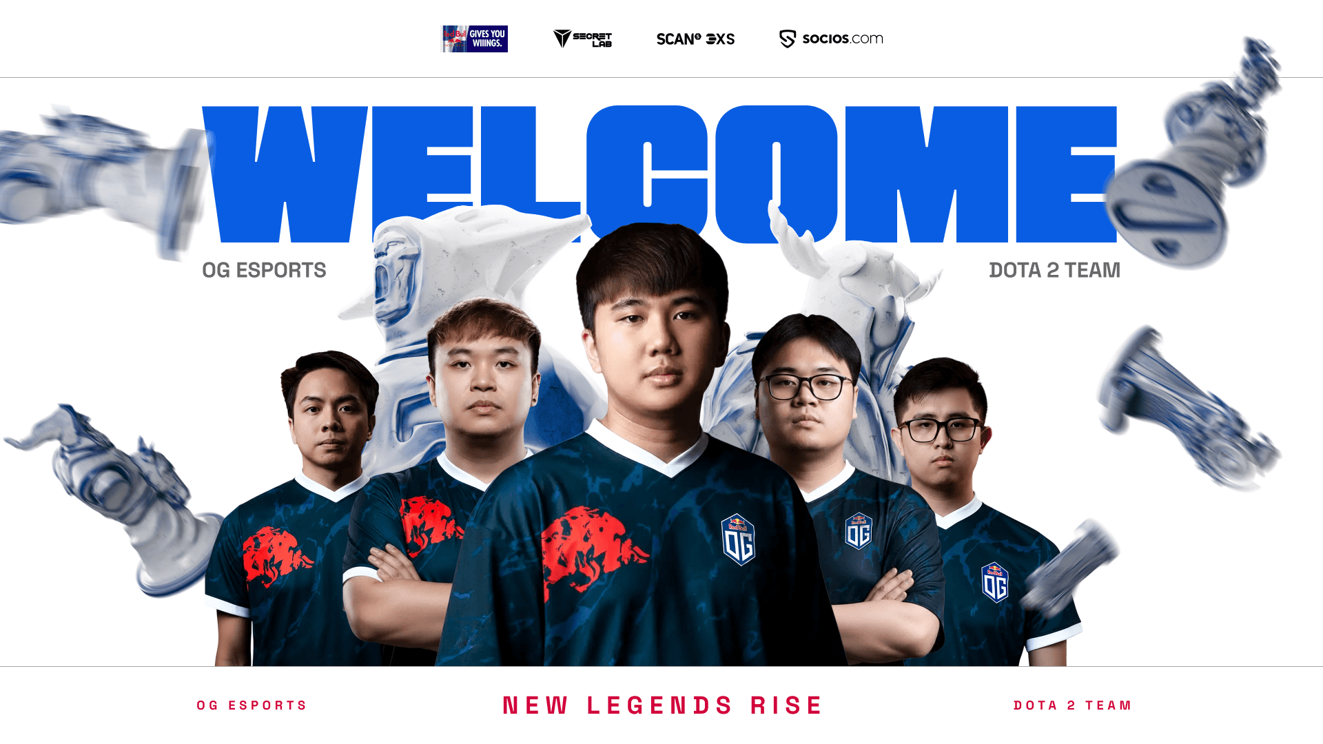 Welcome graphic for our SEA roster. White background, top center contains OG sponsor bar while bottom center reads New legends rise. Blue text that says Welcome below the partners bar with the five players immediately under.