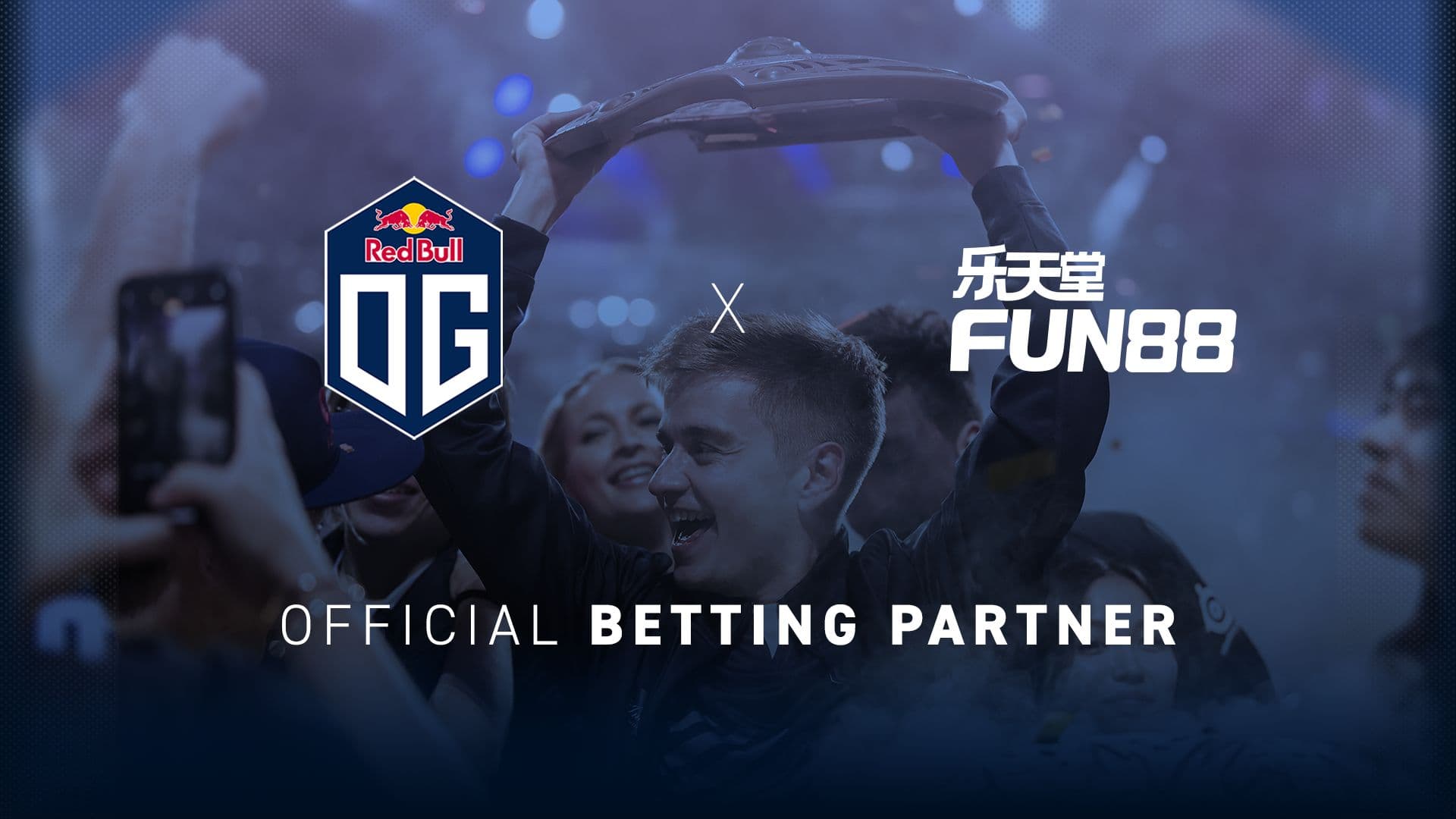OG Esports partners with FUN88.
OG logo on the right, a cross in the middle, Fun88 logo to the right. Official BETTING partners reads below the logos.